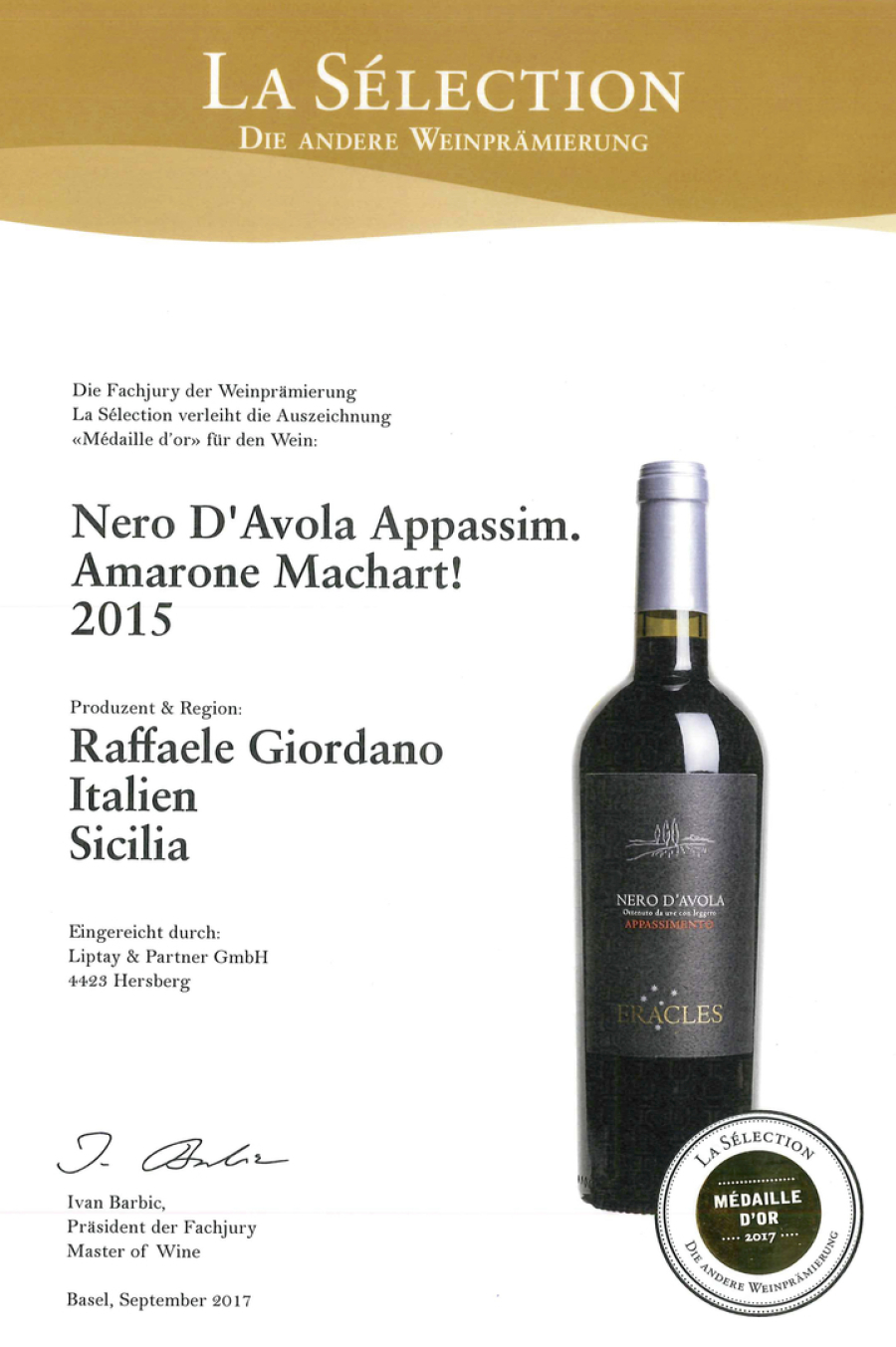 Médaille d'Or Nero d'Avola Appassimento IGT 2023 Sizilien
