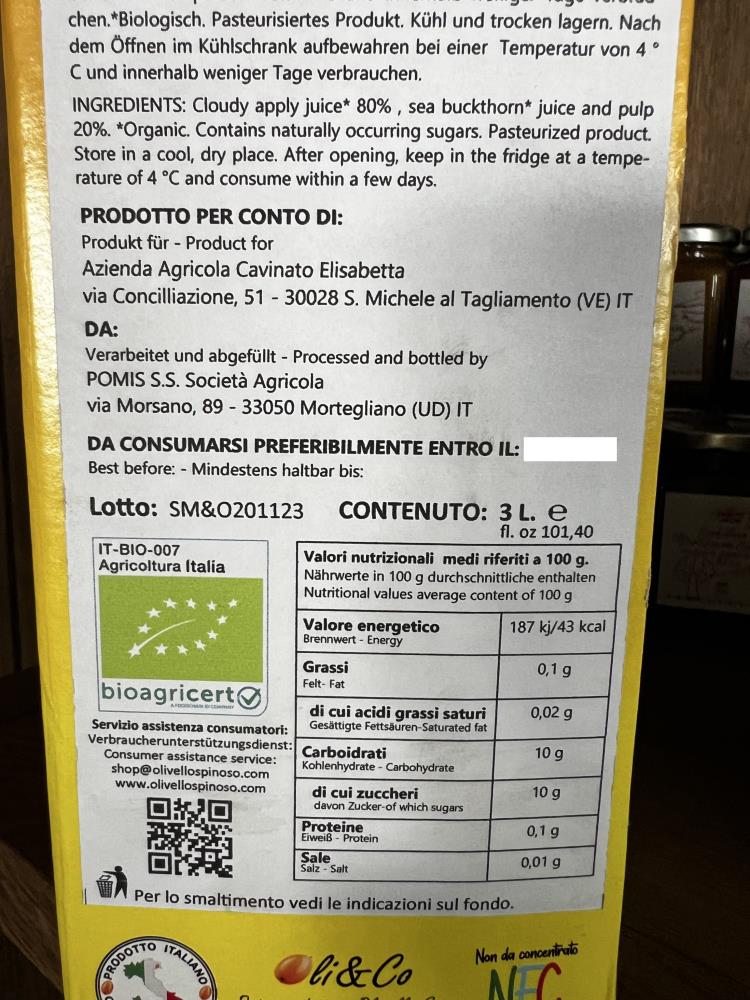 100% BIO Apfel + Sanddorn Muttersaft aus Italien