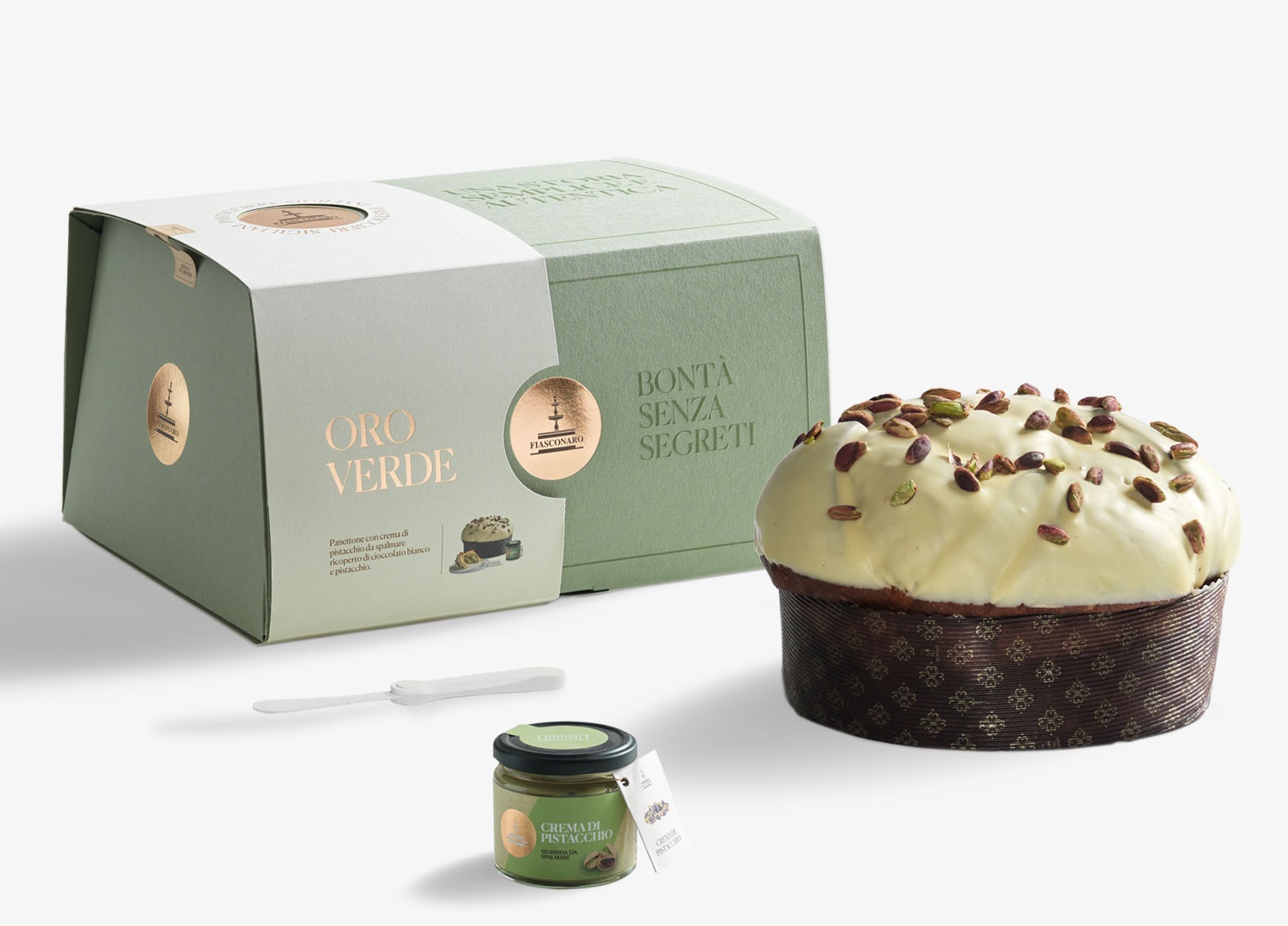 Fiasconaro Panettone Oro Verde 1kg + Crema Pistazien 180g + Messer