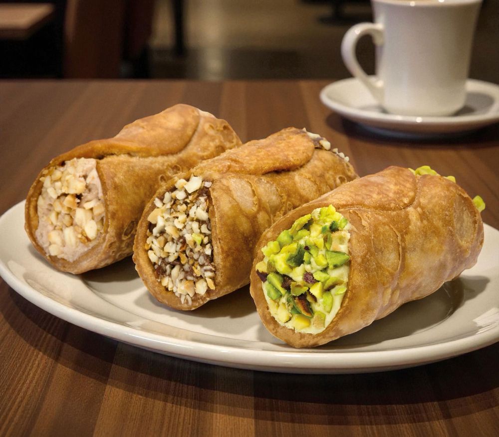 Original sizilianische Cannoli gefüllt Pistazie, Haselnuss, Nougat